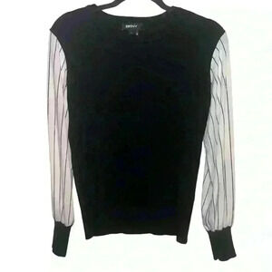 DKNY Women’s Black Sweater With Striped White Bishop Sleeves & Logo size XS